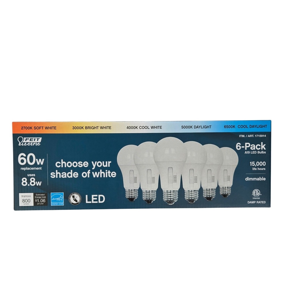 Feit Electric New 6-Pack 60W Replacement A19 LED Bulbs Selectable White Home